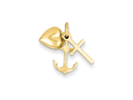 14k Yellow Gold Hollow Faith, Hope and Charity Triple Charm, 7-8mm Fashion