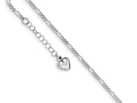 Sterling Silver Polished Heart Adjustable Figaro Chain Anklet, 9 Inch Online Sale