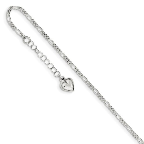 Sterling Silver Polished Heart Adjustable Figaro Chain Anklet, 9 Inch Online Sale