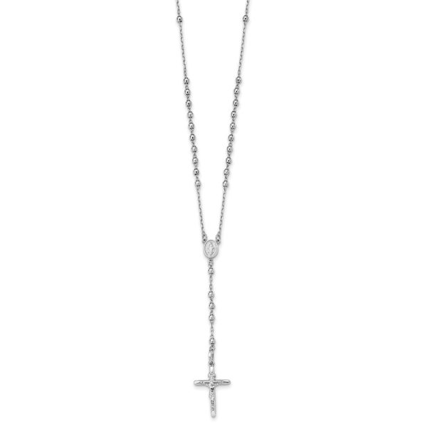 14k White Gold 3mm Beaded Rosary Necklace with Crucifix, 24 Inch For Cheap