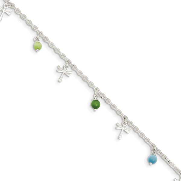 Sterling Silver Dragonfly And Glass Beaded Anklet, 10 Inch Hot on Sale