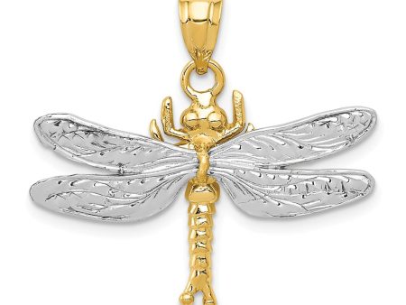 14k Two Tone Gold 28mm Textured Dragonfly Pendant For Sale