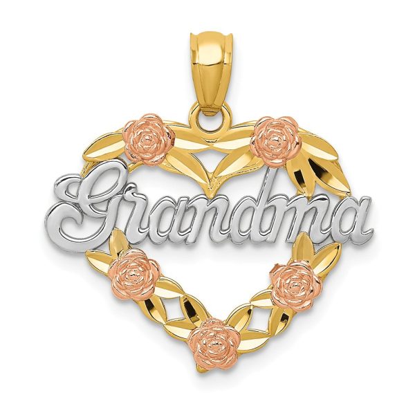 14k Two Tone Gold and Rhodium Grandma Heart and Roses Pendant, 21mm Online