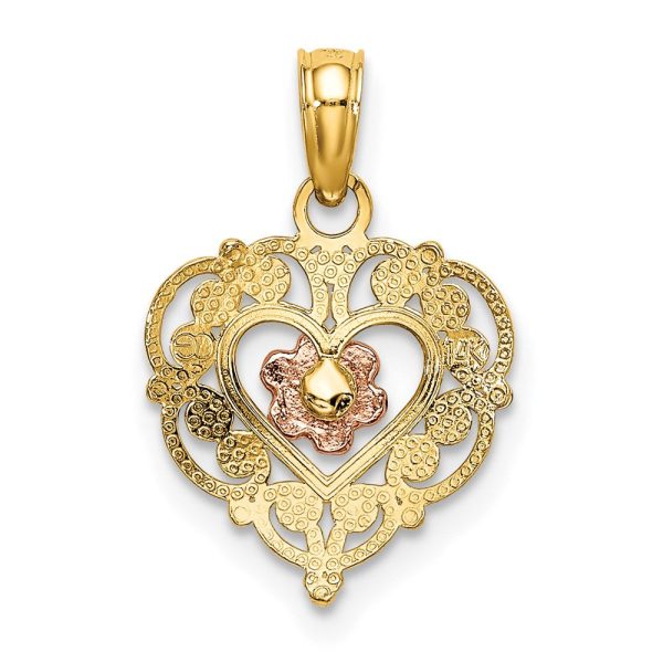 14k Rose and Yellow Gold, Lace Trim Heart and Pink Flower Pendant Hot on Sale