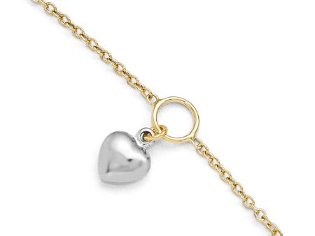 14k Two Tone Gold Dangling Puffed Heart Anklet, 10-11 Inch Discount