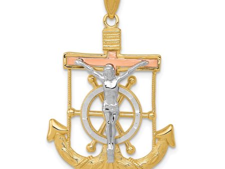 14k TriColor Gold Diamond-cut Mariner s Crucifix Cross Pendant Hot on Sale