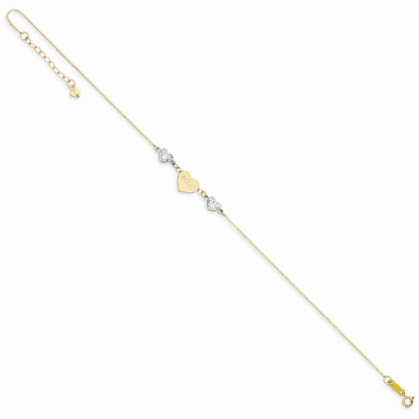 14k Two-Tone Gold Diamond-Cut Puffed and Love Heart Anklet, 9 Inch Online now