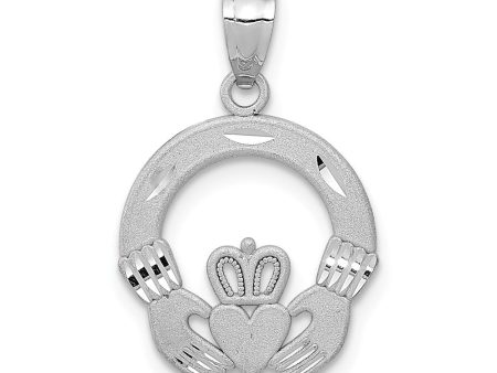 14k White Gold Satin & Diamond Cut Flat Claddagh Pendant, 14mm Supply