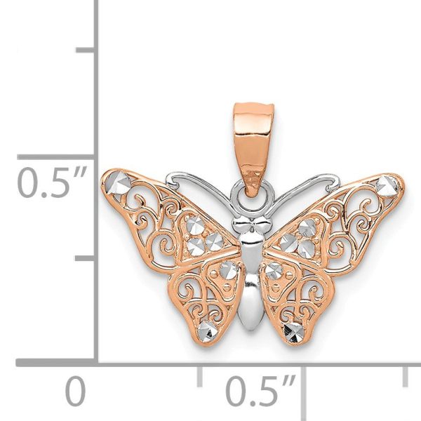 14k Rose Gold and White Rhodium Diamond Cut Butterfly Pendant, 18mm For Sale