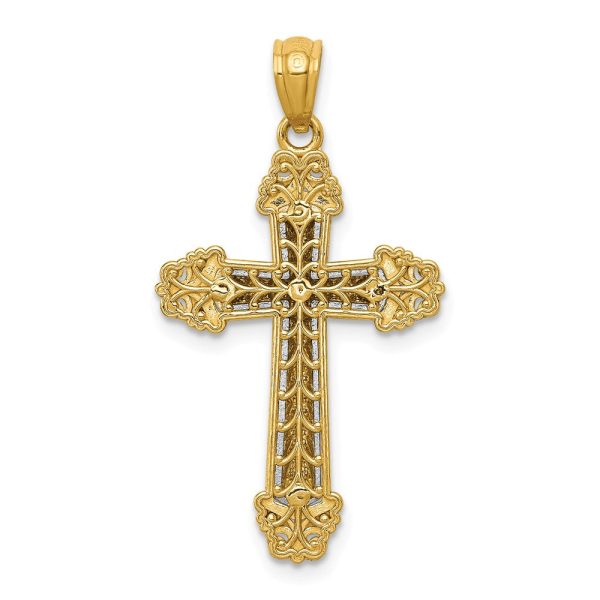 14k Two Tone Gold Ornate Cross Pendant, 17 x 31mm For Sale