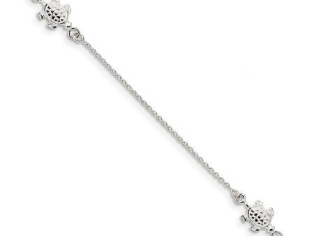 Sterling Silver Polished Turtle And 1mm Cable Chain Anklet, 9-10 Inch Online Hot Sale