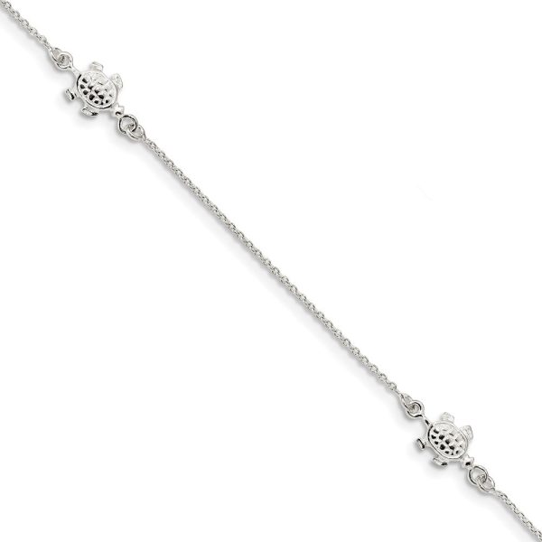 Sterling Silver Polished Turtle And 1mm Cable Chain Anklet, 9-10 Inch Online Hot Sale