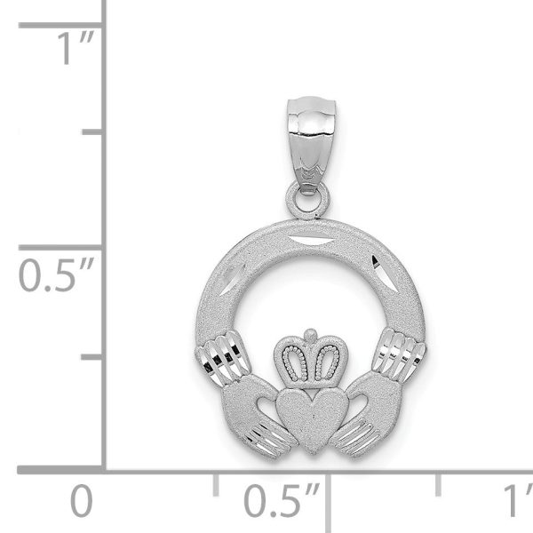 14k White Gold Satin & Diamond Cut Flat Claddagh Pendant, 14mm Supply