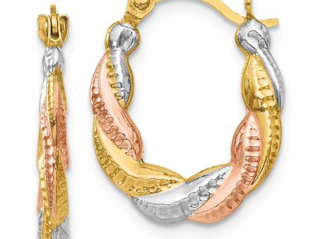 Tri-Color Twisted Hoops in 14k Yellow Gold with White and Rose Rhodium Supply