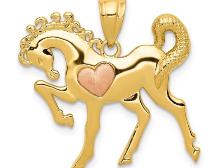 14 Two Tone Gold Prancing Horse with Pink Heart Pendant Hot on Sale