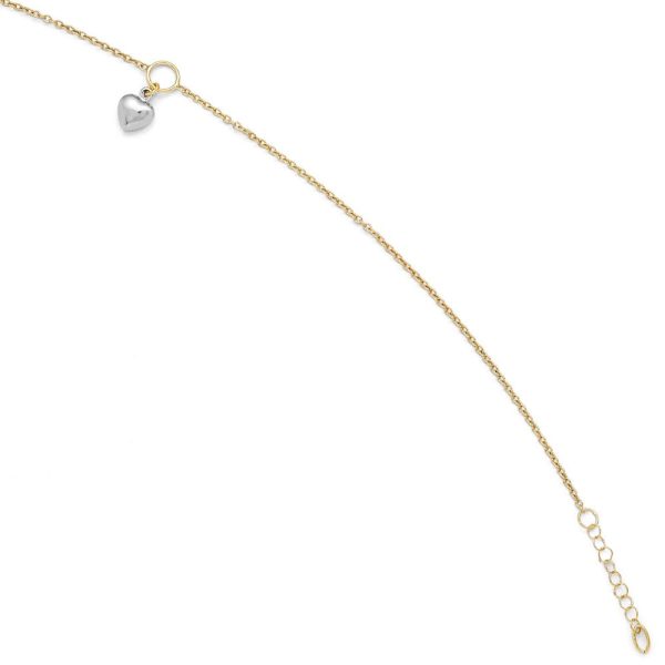 14k Two Tone Gold Dangling Puffed Heart Anklet, 10-11 Inch Discount