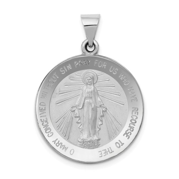 14k White Gold Hollow Round Miraculous Medal Pendant, 20mm (3 4 Inch) Fashion