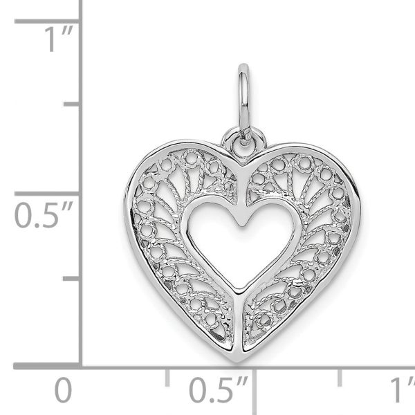 14k White Gold Diamond Cut Filigree Heart Charm or Pendant, 17mm Discount