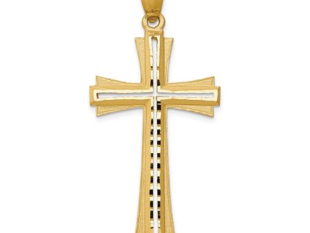 14k Yellow Gold Satin & Diamond-Cut Pierced Cross Pendant, 22 x 48mm For Sale