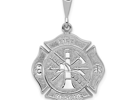 14k White Gold Textured Fire Rescue Shield Pendant Cheap