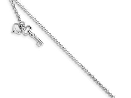 14k White Gold Puffed Heart And Key Dangle Anklet, 10 Inch For Sale