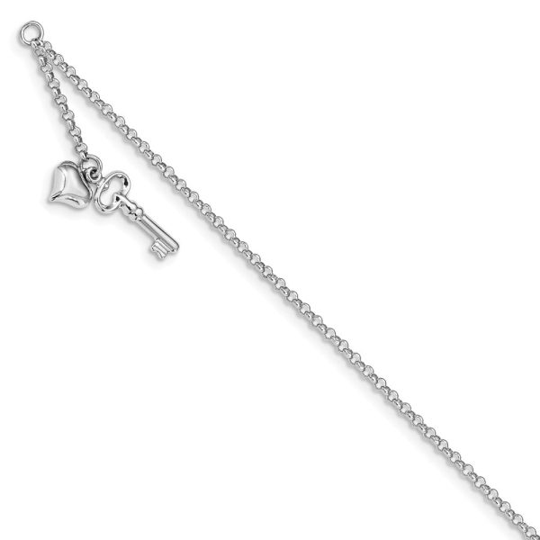 14k White Gold Puffed Heart And Key Dangle Anklet, 10 Inch For Sale