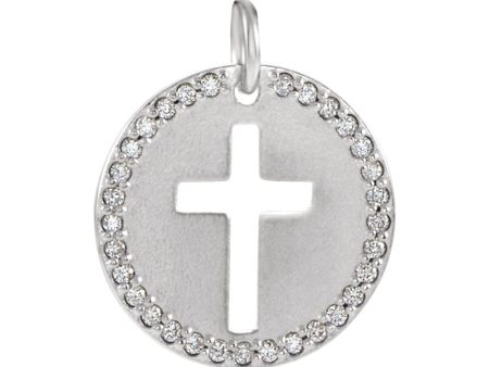 14k White Gold and 0.08 Ctw Diamond Disc Cross Charm or Pendant, 12mm Online Hot Sale