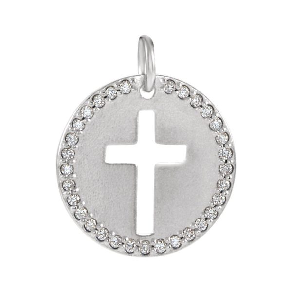 14k White Gold and 0.08 Ctw Diamond Disc Cross Charm or Pendant, 12mm Online Hot Sale