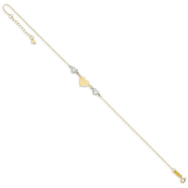 14k Two-Tone Gold Diamond-Cut Puffed and Love Heart Anklet, 9 Inch Online now