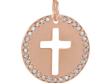 14k Rose Gold and 0.08 Ctw Diamond Disc Cross Charm or Pendant, 12mm Online Sale