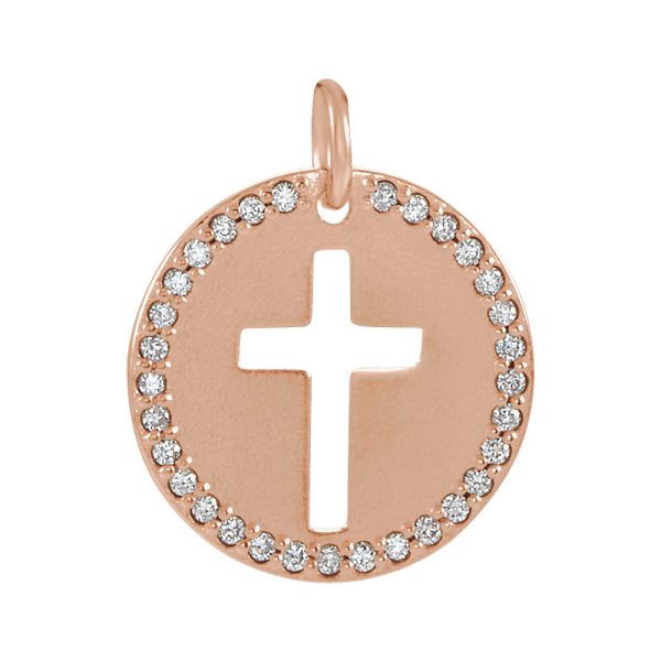 14k Rose Gold and 0.08 Ctw Diamond Disc Cross Charm or Pendant, 12mm Online Sale