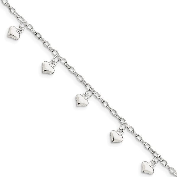 Sterling Silver Dangling Hearts Anklet, 9-10 Inch For Discount