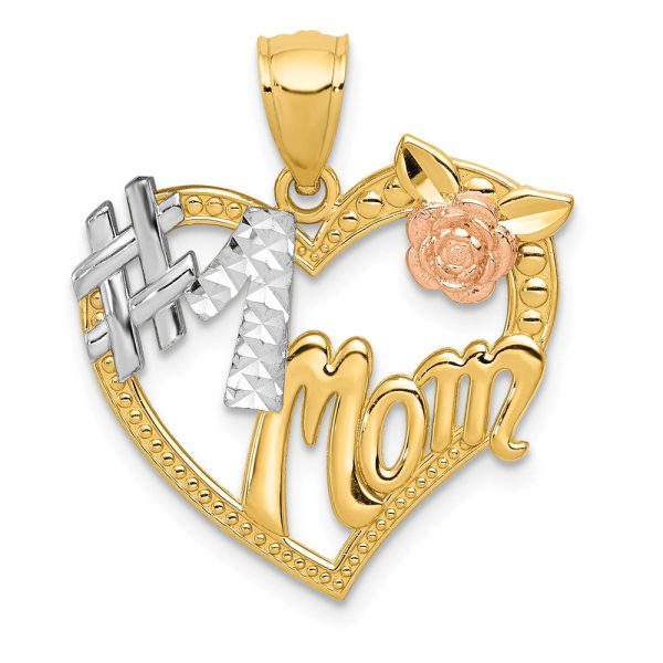 14k Two Tone Gold and White Rhodium #1 Mom Heart Pendant, 20mm Online now