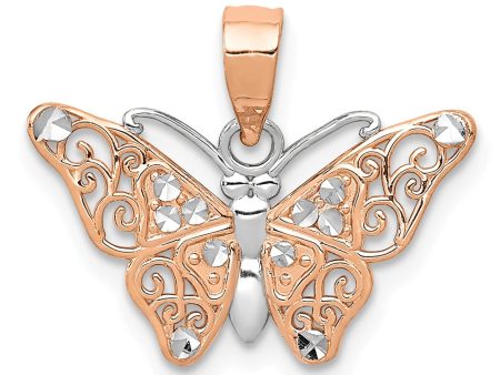 14k Rose Gold and White Rhodium Diamond Cut Butterfly Pendant, 18mm For Sale