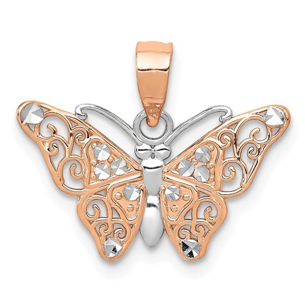 14k Rose Gold and White Rhodium Diamond Cut Butterfly Pendant, 18mm For Sale