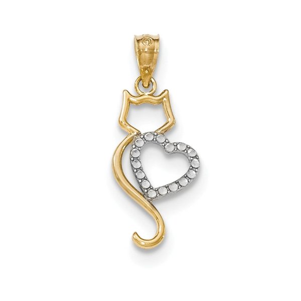 14k Two Tone Gold Cat and Heart Silhouette Pendant, 11 x 26mm on Sale