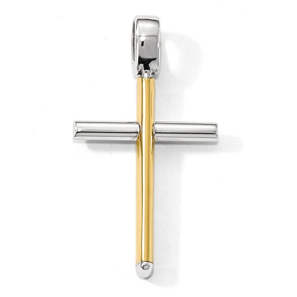 14k Two Tone Gold, Polished Hollow Cross Pendant, 18 x 32mm Discount