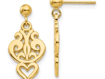 Small Filigree Heart Dangle Post Earrings in 14k Yellow Gold Cheap