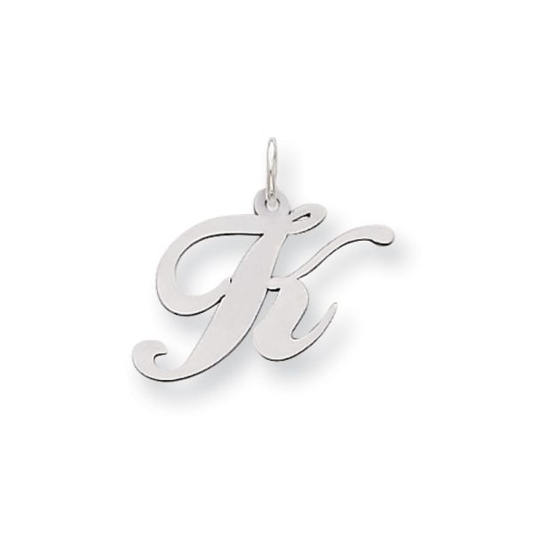 14k White Gold, Ella Collection Medium Fancy Script Initial K Pendant Discount