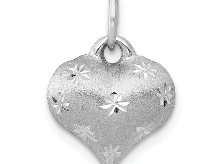 14k White Gold Satin and Diamond Cut Puffed Heart Charm Pendant, 11mm Sale