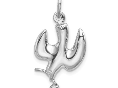 Sterling Silver and Cubic Zirconia Polished Dove with Branch Pendant For Sale