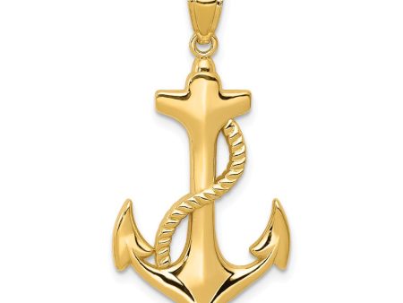 14k Yellow Gold Polished Anchor with Rope Pendant, 17 x 32mm For Cheap