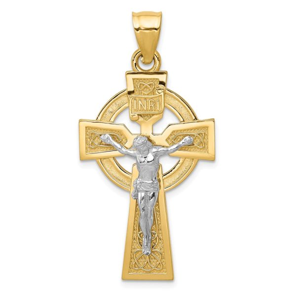 14k Two Tone Gold Large Celtic INRI Crucifix Pendant, 22 x 42mm Supply