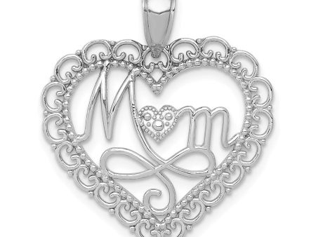 14k White Gold Mom Scallop Heart Pendant, 23mm For Discount