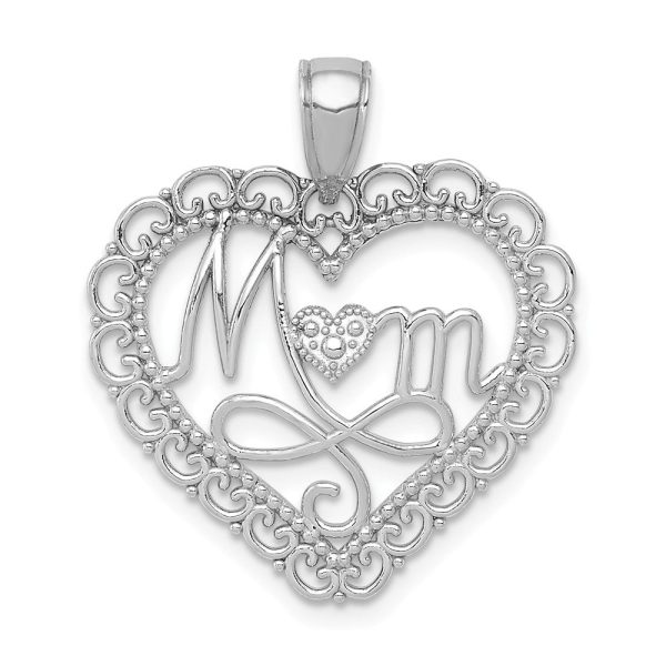 14k White Gold Mom Scallop Heart Pendant, 23mm For Discount