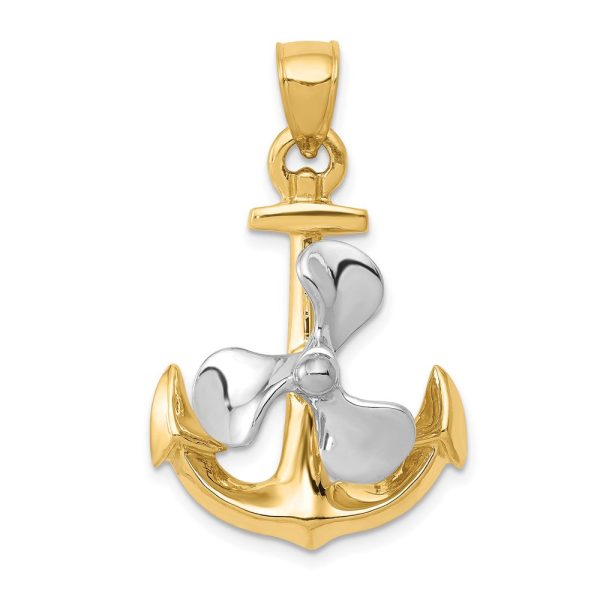 14k Two Tone Gold Polished Anchor and Spinning Propeller Pendant For Sale