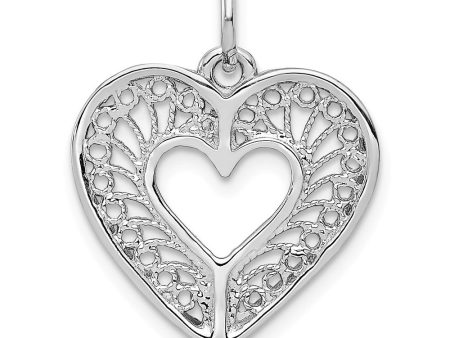 14k White Gold Diamond Cut Filigree Heart Charm or Pendant, 17mm Discount