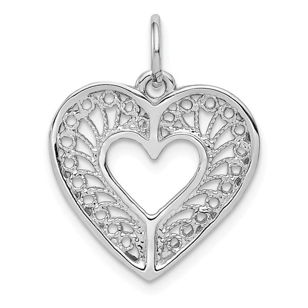 14k White Gold Diamond Cut Filigree Heart Charm or Pendant, 17mm Discount