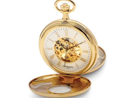 Charles Hubert Gold Finish White Dial Skeleton 50mm Pocket Watch Online Sale