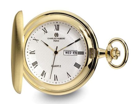 Charles Hubert Gold Finish Satin White Dial Day Date Pocket Watch For Sale